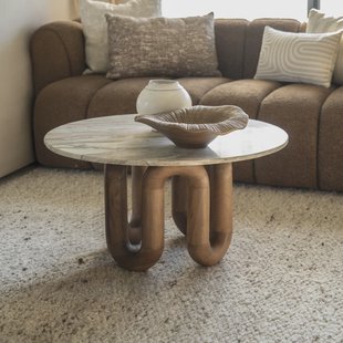 By-Boo Ronde Salontafel LoopStone Marmer en mangohout, 80cm - Natuurlijk