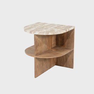 By-Boo Half Ovale Bijzettafel Marwood Marmer en mangohout, 44 x 44cm - Natuurlijk