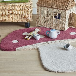 Bloomingville MINI Vloerkleed Mushroom Paddenstoel, Wol, 90 x 85cm - Rood