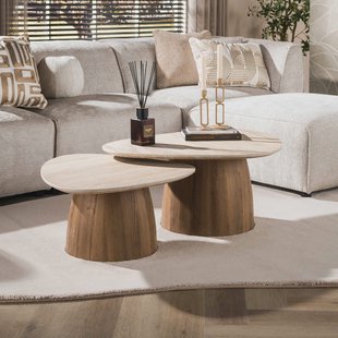 LifestyleFurn Organische Salontafel Laycie Keramiek in Travertinlook, Set van 2 stuks - Bruin