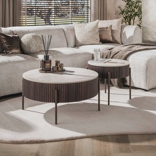 LifestyleFurn Ronde Salontafel Akai Keramiek in Taj Mahal-look, Set van 2 stuks - Bruin