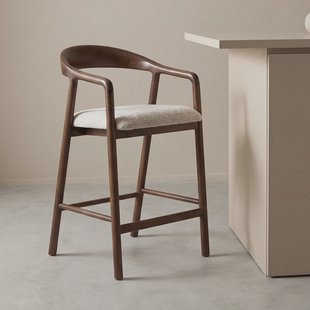 LABEL51 Barkruk Lone Superb-stof en walnoothout - Naturel (zithoogte 60cm)