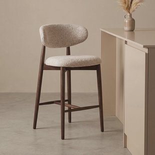 LABEL51 Barkruk Kyoto Superb-stof en walnoot essenhout - Beige (zithoogte 64cm)