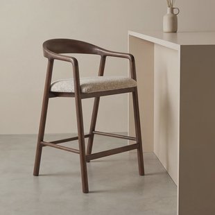 LABEL51 Barkruk Lone Superb-stof & walnoot eiken - Beige (zithoogte 60cm)