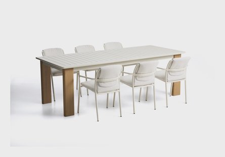 Kave Home Tuinset Livorno Met Livorno uitschuifbare tuintafel en 6 Linosa stoelen, 233/350 x 100cm - Ecru