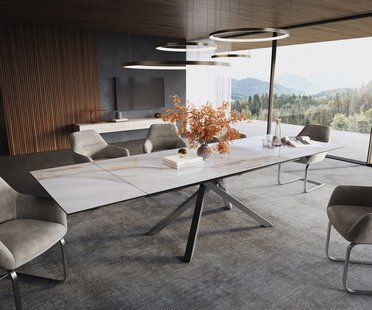 DELIFE Eettafel Edge 200-300x100 cm keramiek Onyx Pearl kruisframe rechthoek roestvrij staal grafiet uittrekbaar