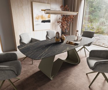 DELIFE Eettafel Edge Boot 180-220x100 cm Laminam® Keramiek Noir Desir Braun W-onderstel Effectafwerking Titan uitschuifbaar