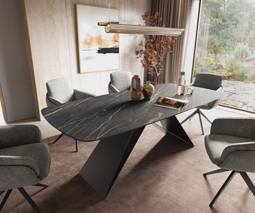 DELIFE Eettafel Edge Boot 180-220x100 cm Laminam® Keramiek Noir Desir Braun V-onderstel Flachstahl Zwart uitschuifbaar