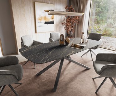 DELIFE Eettafel Edge Boot 180-220x100 cm Laminam® Keramiek Noir Desir Braun kruisonderstel Rechthoek Roestvrij staal Grafiet uitschuifbaar