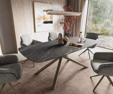 DELIFE Eettafel Edge Boot 180-220x100 cm Laminam® Keramiek Noir Desir Braun kruisonderstel Rechthoek Effectafwerking Titan uitschuifbaar