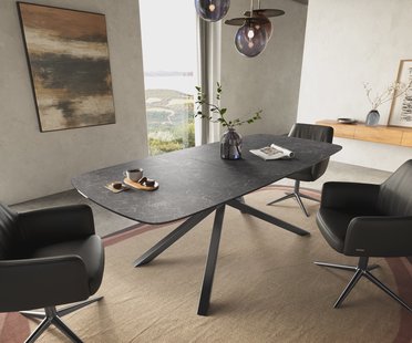 DELIFE Eettafel Edge Boot 180-220x100 cm Keramiek Laminam® Nero Greco Anthrazit kruisonderstel Rechthoek Roestvrij staal Grafiet uitschuifbaar