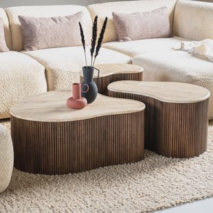Eleonora Salontafel Mari Organisch Set van 3 stuks, Mangohout en Travertin - Bruin - Japandi