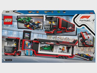 LEGO CITY F1 truck met RB20 en AMR24 F1 auto's 60445
