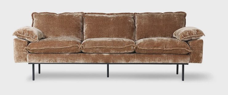 HKliving 3-zits Bank Retro 225cm, Corduroy Velvet - Aged Gold