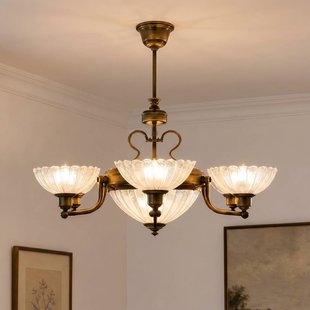 Jupiter Kroonluchter Carmen, antiek messing, glas, 6-lamps, E27