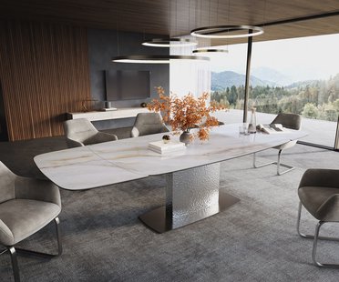 DELIFE Eettafel Edge bootvorm 200-300x120 cm keramiek Onyx Pearl Wave roestvrij staal uitschuifbaar