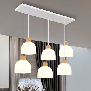 Globo Hanglamp Swanson, lengte 105 cm, wit/bruin, metaal/hout, 6-lamps
