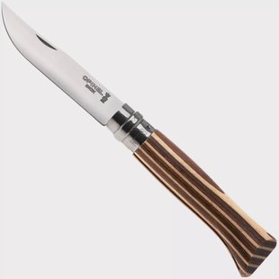 Opinel No. 08, 002388, Satin Stainless Steel, Brown Laminated Birch zakmes