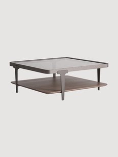 Handgemaakte salontafel Gehofen met essenhouten plank en glazen tafelblad