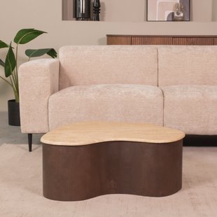 LABEL51 Organische Salontafel Davi Travertin en hout, 80 x 70cm - Espresso