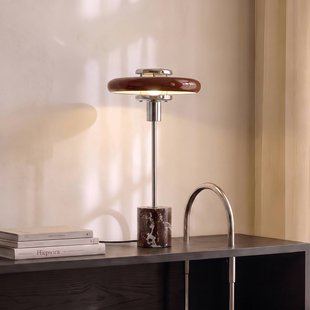 Lindby tafellamp Branford, retro, bordeauxrood, glas/marmer
