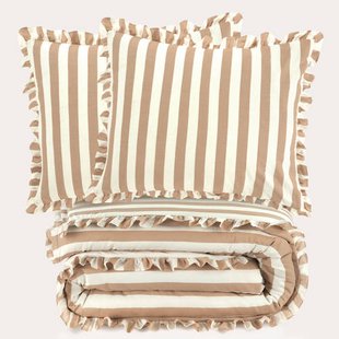NOUS Living katoenen gestreepte ruffle lits-jumeaux dekbedovertrek 240x220 cm - beige