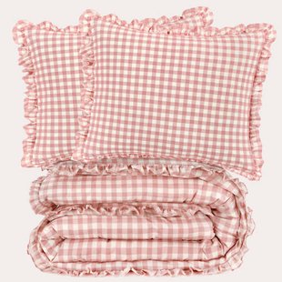 NOUS Living katoenen geruite ruffle lits-jumeaux dekbedovertrek 240x220 cm - roze