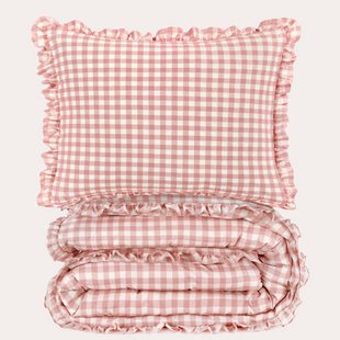 NOUS Kids geruite ruffle katoenen kinderdekbedovertrek 120x150 cm - roze
