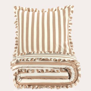 NOUS Living katoenen gestreept ruffle 1-persoons dekbedovertrek 140x220 cm - beige