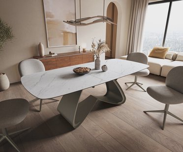 DELIFE Eettafel Edge Boot 180-220x100 cm Keramiek Laminam® Statuarietto Wit W-onderstel Effectafwerking Titan uitschuifbaar
