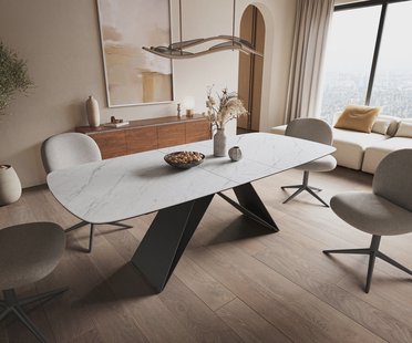 DELIFE Eettafel Edge Boot 180-220x100 cm Keramiek Laminam® Statuarietto Wit V-onderstel Flachstahl Zwart uitschuifbaar