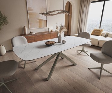 DELIFE Eettafel Edge Boot 180-220x100 cm Keramiek Laminam® Statuarietto Wit kruisonderstel Rechthoek Effectafwerking Titan uitschuifbaar
