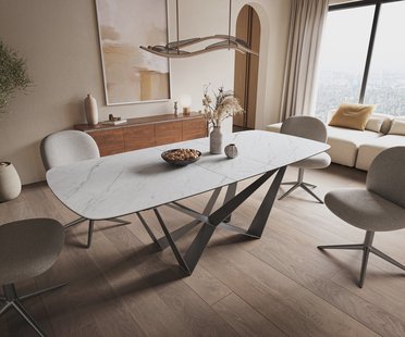 DELIFE Eettafel Edge Boot 180-220x100 cm Keramiek Laminam® Statuarietto Wit Spider Flachstahl Roestvrij staal Grafiet uitschuifbaar