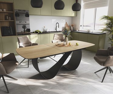 DELIFE Eettafel Edge Boot 180-220x100 cm Keramiek Laminam® Sabbia Eichefarbig Infinity Metaal Zwart uitschuifbaar