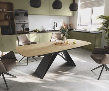 DELIFE Eettafel Edge Boot 180-220x100 cm Keramiek Laminam® Sabbia Eichefarbig V-onderstel Flachstahl Zwart uitschuifbaar