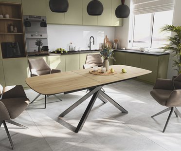 DELIFE Eettafel Edge Boot 180-220x100 cm Keramiek Laminam® Sabbia Eichefarbig kruisonderstel Rechthoek Roestvrij staal Grafiet uitschuifbaar