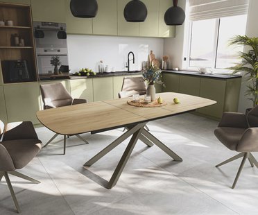 DELIFE Eettafel Edge Boot 180-220x100 cm Keramiek Laminam® Sabbia Eichefarbig kruisonderstel Rechthoek Effectafwerking Titan uitschuifbaar