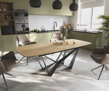 DELIFE Eettafel Edge Boot 180-220x100 cm Keramiek Laminam® Sabbia Eichefarbig Spider Flachstahl Roestvrij staal Grafiet uitschuifbaar