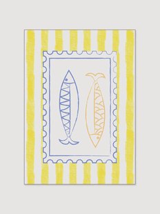 Ingelijste digitale print Blue and Yellow Fish Stamp on Yellow Stripes van Jolly and Dash