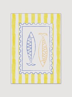 Ingelijste digitale print Blue and Yellow Fish Stamp on Yellow Stripes van Jolly and Dash