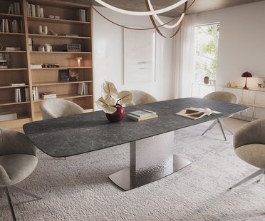 DELIFE Eettafel Edge Boot 240-300x120 cm Keramiek Laminam® Nero Greco Anthrazit Wave Roestvrij staal uitschuifbaar