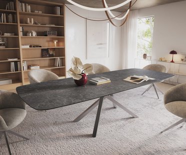 DELIFE Eettafel Edge Boot 240-300x120 cm Keramiek Laminam® Nero Greco Anthrazit kruisonderstel Rechthoek Roestvrij staal uitschuifbaar