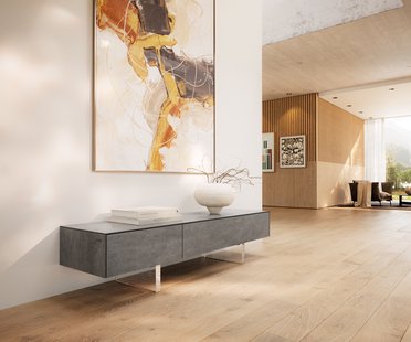 DELIFE Tv-meubel Cuor 150 cm Keramiek Beton Grijs 1 Flap 1 Laden Zwevende voet look Acrylglas