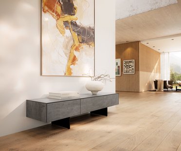 DELIFE Tv-meubel Cuor 150 cm Keramiek Beton Grijs 1 Flap 1 Laden Zwevende voet look Metaal Zwart