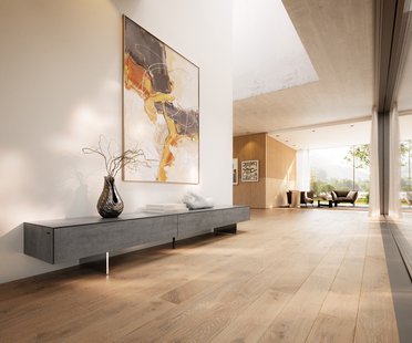DELIFE Tv-meubel Cuor 250 cm Keramiek Beton Grijs 1 Flap 1 Laden Zwevende voet look Roestvrij staal