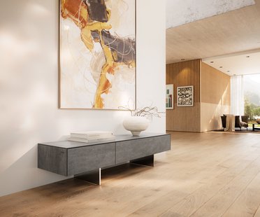 DELIFE Tv-meubel Cuor 150 cm Keramiek Beton Grijs 1 Flap 1 Laden Zwevende voet look Roestvrij staal