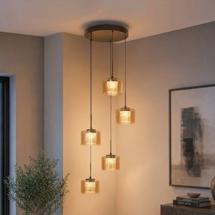 Searchlight LED hanglamp Tumblers, 5-lamps, rond, brons, glas, 3.000 K