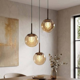 Searchlight LED hanglamp Solis, 3-lamps, rond, brons, glas, 2.700 K