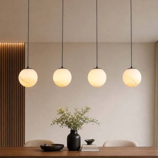 Searchlight Hanglamp Carrara, 4-lamps, lang, bruin, gemarmerd glas