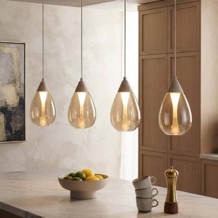 Searchlight LED hanglamp Pear, 4-lamps, lang, beige, amberkleurig glas, 3.000 K